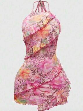 Floral Pink Ruffle Halter Mini Dress